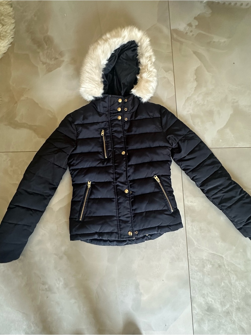 Topshop Black Quilted Hooded Puffer with Faux Fur Trim